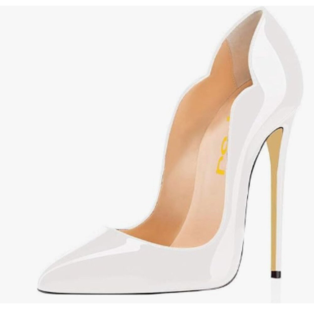 FSJ White Patent Leather Scalloped Stiletto Heels